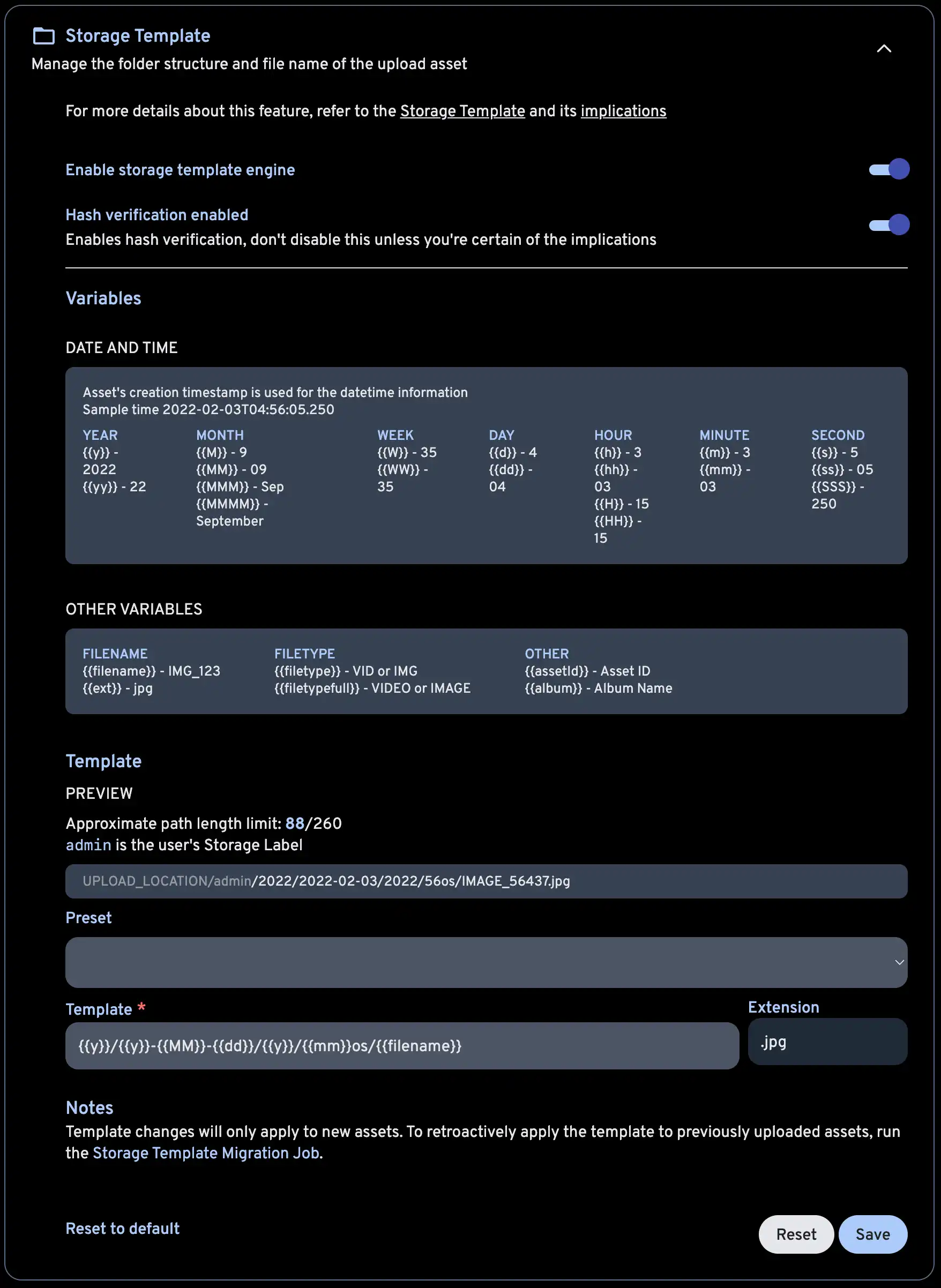 Storage Template Setting
